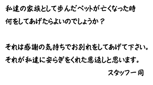 

・・・私たちの想い・・・

私たちの家族として歩んだペットが

亡くなった時何をしてあげたら

良いのでしょうか？
それは感謝の気持ちで最後の

お別れをしてあげて下さい。
それが私達に安らぎをくれた

恩返しと思います。

?スタッフ一同